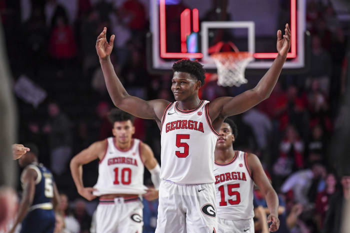 Nov 20, 2019; Athens, GA, USA; Georgia Bulldogs guard Anthony Edwards (5) reacts after Georgia defeated the Georgia Tech Yellow Jackets at Stegeman Coliseum.